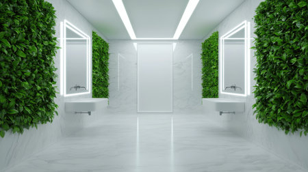 Modern bathroom interior design featuring twin mirrors, greenery, and sleek marble decor in bright, inviting atmosphere with contemporary lightingの素材