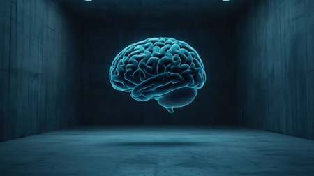 Futuristic Digital Brain Visualization in an Empty Dark Room with Glowing Neon Effects for Technology and Innovation Themesの素材