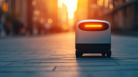 Small Delivery Robot on City Street at Sunset with Warm Light and Urban Architecture in Backgroundの素材