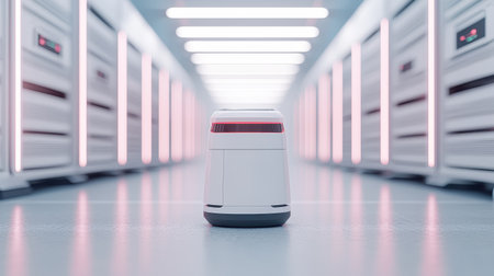 Advanced Autonomous Delivery Robot in Modern Warehouse Setting with Futuristic Lighting and Sleek Design for Logistics and Supply Chain Solutionsの素材