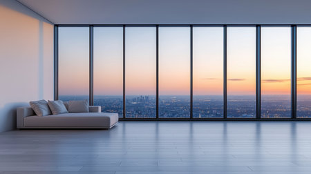 Modern Minimalist Apartment Interior with Panoramic City View at Sunset, Spacious Living Area Surrounded by Glass Windows Overlooking Urban Skylineの素材