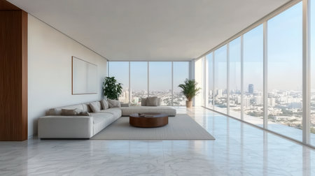 Modern minimalist living room interior with panoramic city view, elegant furniture, and bright natural light in a contemporary high-rise buildingの素材