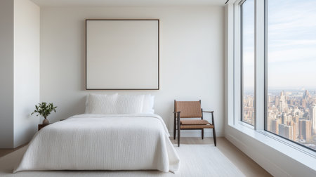 Modern minimalist bedroom with large window showcasing urban skyline and elegant furnishings for stylish interior design inspirationの素材