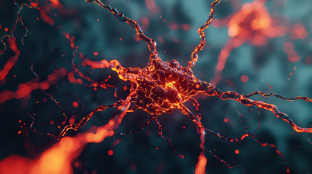 Detailed Close-Up of a Glowing Neuron with Electric Connections Illustrating Brain Activity in a Molecular Formatの素材