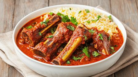 Flavorful slow-cooked meat with rich tomato sauce served with aromatic rice and fresh herbs on a rustic wooden table settingの素材