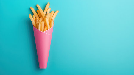 Crispy Golden French Fries in a Pink Cone on a Vibrant Turquoise Background for Food Lovers and Culinary Inspirationの素材
