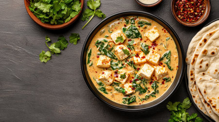 Creamy Spinach and Paneer Curry with Fresh Herbs and Flatbreads on Rustic Table Setting for Culinary Explorationの素材