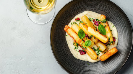 Crispy Fried Potatoes on Creamy Sauce with Herbs and a Glass of White Wine in Elegant Restaurant Settingの素材