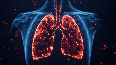 Vivid Visualization of Human Lungs Illuminated with Energetic Particles in Dark Background, Illustrating Respiratory Anatomy and Biological Processesの素材