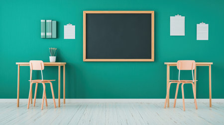 Modern Classroom Design with Green Wall, Black Chalkboard, Wooden Desks, and Minimalist Decor for Educational Spaces and Creative Learning Environmentsの素材