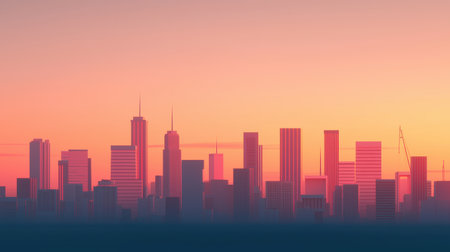 Serene Sunset Over A Modern City Skyline, Featuring High Rises and Towering Structures Against a Gradient of Warm Colors at Duskの素材