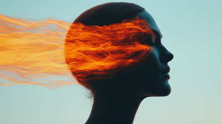 Profile of a woman with fiery wisps flowing from her head, representing creativity and passion against a soft blue background in a surreal art style.の素材