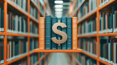 Large dollar sign among colorful books on a shelf in a library, representing financial knowledge, wealth, and learning opportunities for students and professionalsの素材