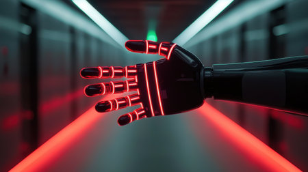 Futuristic robotic hand reaching out in neon-lit corridor with vibrant colors and sleek design representing advanced technology and innovation in roboticsの素材