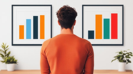 Young man analyzing colorful bar charts on wall in modern office space, showcasing data interpretation and business strategy concepts in dynamic environmentの素材