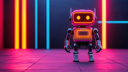 Playful and Colorful Retro Robot in Neon-Lit Environment, Retro-Futuristic Aesthetic with Bright Neon Lights and Low Perspective Viewの素材
