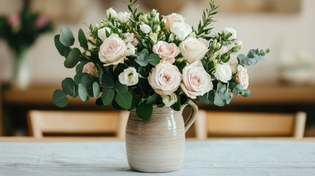 Beautiful floral arrangement in a ceramic pitcher with assorted roses and greenery on a wooden table, creating a serene home atmosphereの素材