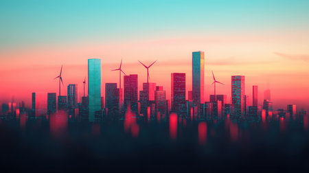Modern city skyline at sunset with wind turbines and colorful sky, showcasing eco-friendly architecture and urban development in vibrant colorsの素材