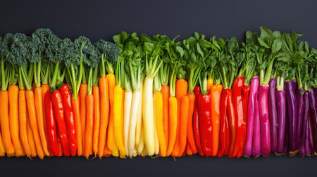Colorful Assortment of Fresh Vegetables Including Carrots, Peppers, Broccoli, and Radishes Arranged Neatly on a Dark Background for Culinary Inspirationの素材