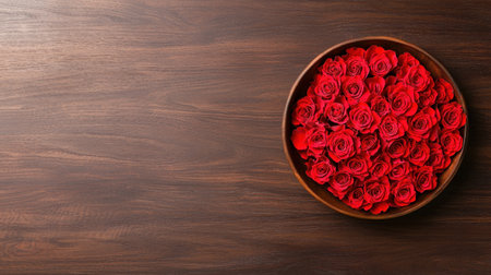Elegant Arrangement of Fresh Red Roses in a Wooden Bowl on Dark Wooden Table for Romantic Occasions and Special Celebrationsの素材