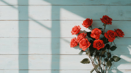 Beautiful bouquet of vibrant red roses against a rustic wooden background with soft natural light creating gentle shadows on the surfaceの素材
