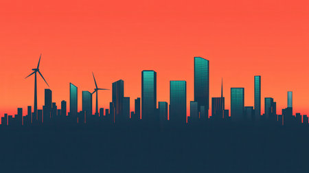Silhouette of Urban Skyline at Sunset with Wind Turbines and Colorful Sky Highlighting Sustainable Energy and Modern Architectureの素材
