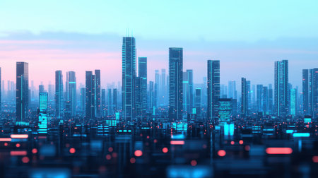 Futuristic city skyline at dusk with illuminated skyscrapers and vibrant colors creating a vivid urban landscape of modern architecture and technologyの素材