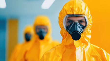 Individual in Yellow Hazmat Suit with Respirator Mask in Laboratory Environment, Focus on Safety and Precautionary Measures in Hazardous Situationsの素材