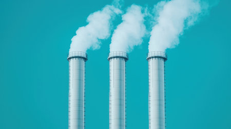 Industrial smokestacks releasing white clouds of steam against a vibrant turquoise background highlighting environmental concerns and pollution awarenessの素材