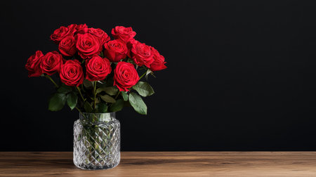 Beautiful Arrangement of Red Roses in a Crystal Vase on a Wooden Table Against a Black Background for Elegant Decor or Celebrationの素材