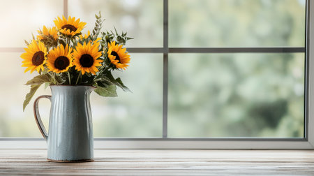 Fresh Sunflowers in Blue Pitcher Placed on Wooden Table Near Window with Natural Light and Soft Focus Background Creating a Warm and Inviting Atmosphereの素材