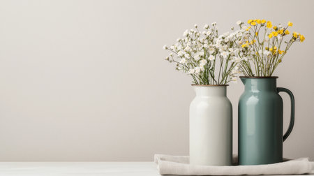 Elegant Display of Simple Flower Vases with Fresh Blooms on Minimalist Background for Home Decor and Interior Design Inspirationの素材