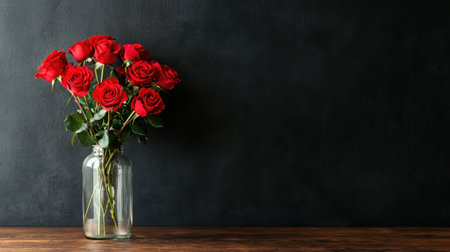 Elegant Arrangement of Fresh Red Roses in a Glass Vase Against a Dark Background with Wooden Table for Floral and Wedding Themesの素材