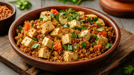Delicious quinoa salad with tofu, fresh vegetables, herbs, and spices served in a rustic bowl on a wooden board with garnishes on a table setting.の素材