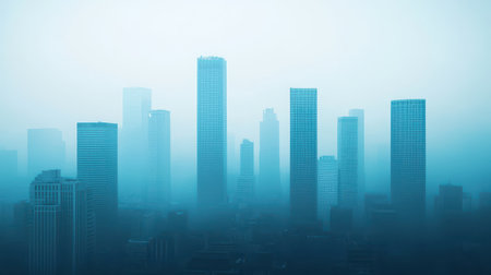 Urban skyline in misty weather with modern skyscrapers and foggy atmosphere creating a moody and mysterious urban landscapeの素材