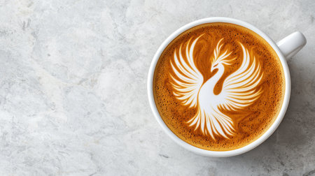 Exquisite Latte Art on Creamy Coffee with a Phoenix Design Creating a Stunning Visual Delight on a Textured Marble Surfaceの素材