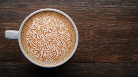 Beautifully Crafted Coffee with Intricate Latte Art Design on Wooden Table, Capturing the Essence of a Cozy Cafe Experience and Artisan Beverage Creativityの素材