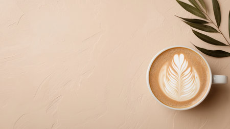 Cozy Coffee Cup with Beautiful Latte Art on Minimalist Cream Background Surrounded by Green Leaves for Relaxation and Serenityの素材