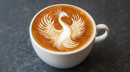 Coffee cup with stunning latte art of a majestic phoenix design, showcasing intricate details and vibrant colors, perfect for coffee lovers and artistsの素材