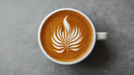 Beautifully Crafted Latte Art with Elegant Leaf Design on Top of Creamy Espresso in a White Coffee Cup Against a Gray Backgroundの素材