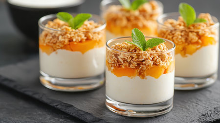 Fresh yogurt dessert with layers of fruit puree and crunchy granola in elegant glass cups and mint leaves garnished on top for a delightful presentationの素材