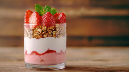 Delicious Strawberry Yogurt Parfait with Granola and Fresh Mint on a Rustic Wooden Surfaceの素材