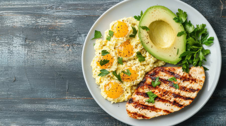 Grilled Chicken Breast with Avocado and Scrambled Eggs on Plate Surrounded by Fresh Herbs and Spices on Rustic Wooden Tableの素材