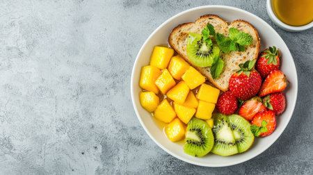 Fresh and Colorful Fruit Salad with Slices of Bread, Strawberries, Kiwi, Mango, and Mint Leaves on a Grey Backgroundの素材