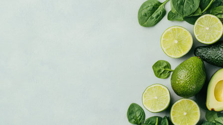Fresh Green Citrus Fruits and Avocado with Spinach Leaves on Soft Green Background for Healthy Eating and Cooking Inspirationの素材