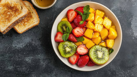 Fresh and Colorful Fruit Bowl with Strawberries, Mango, Kiwi, Mint, and Toast Served on a Rustic Dark Background for Healthy Breakfast Conceptの素材