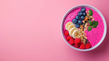 Vibrant smoothie bowl with fresh fruits including bananas, raspberries, blueberries, and granola on a soft pink backdrop for healthy eating inspirationの素材