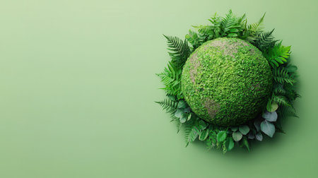 Lush Green Planet Surrounded by Fresh Leaves and Ferns on a Soft Green Background for Environmental Themes and Eco-Friendly Conceptsの素材