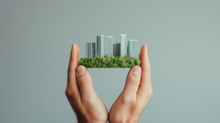 Hands Holding a Miniature City Model Surrounded by Greenery Representing Urban Development and Sustainability Conceptsの素材