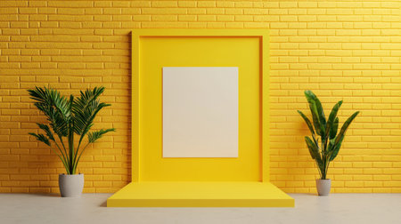 Bright and Cheerful Gallery Space with Yellow Brick Wall and Minimalist Display Area for Art or Photography in Modern Interior Design Styleの素材